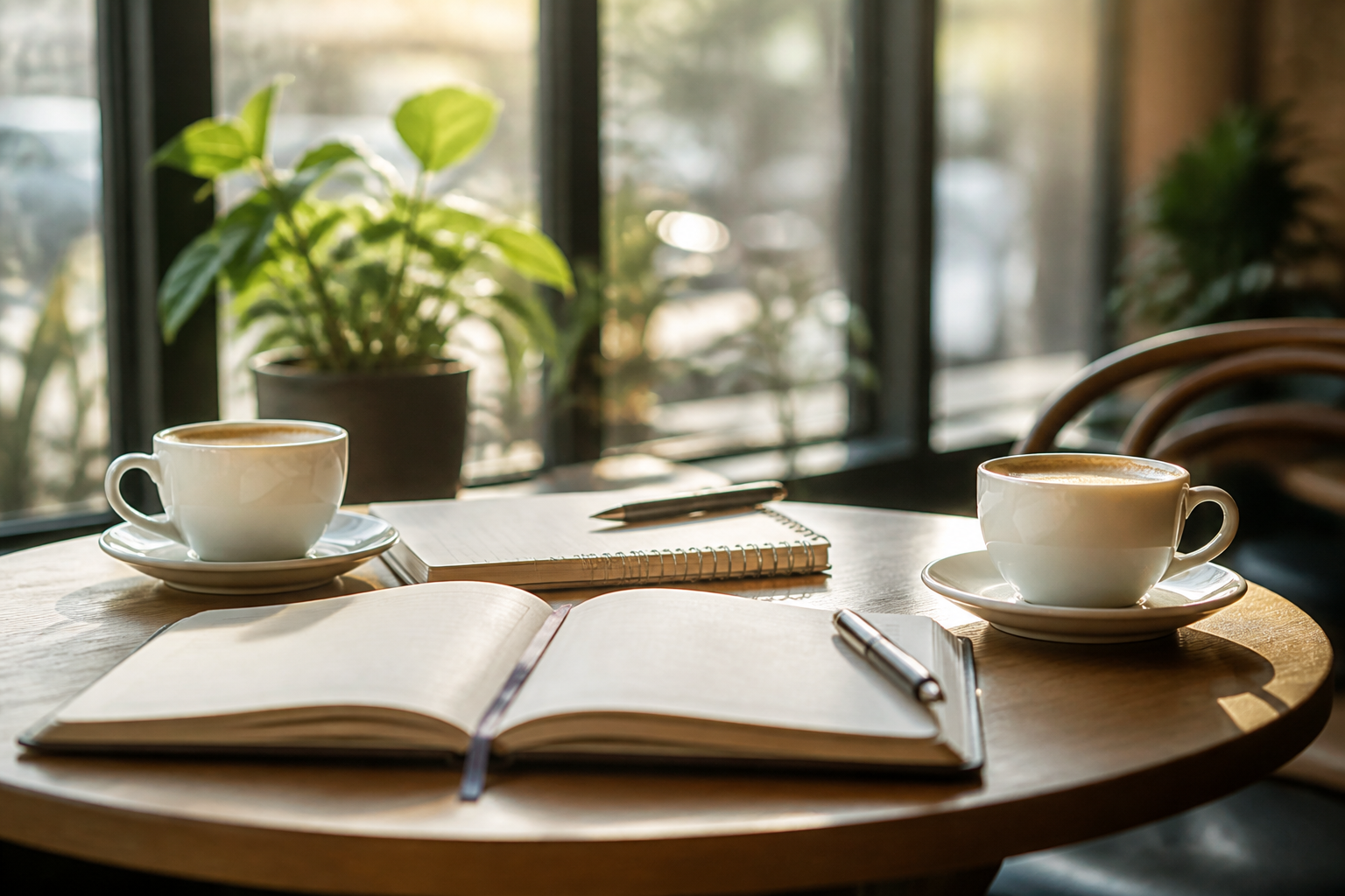 Dua buku catatan dan kopi di meja percakapan mentoring