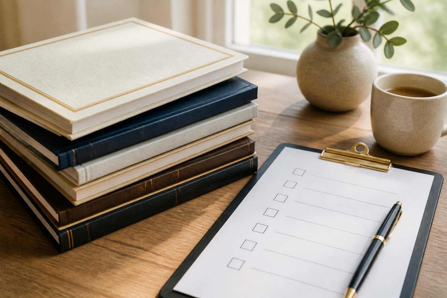 Tumpukan jurnal dan checklist sebelum mengirim naskah